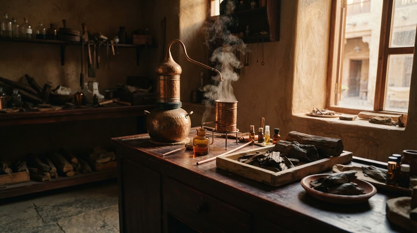 Traditional oud distillation workshop with copper stills and agarwood